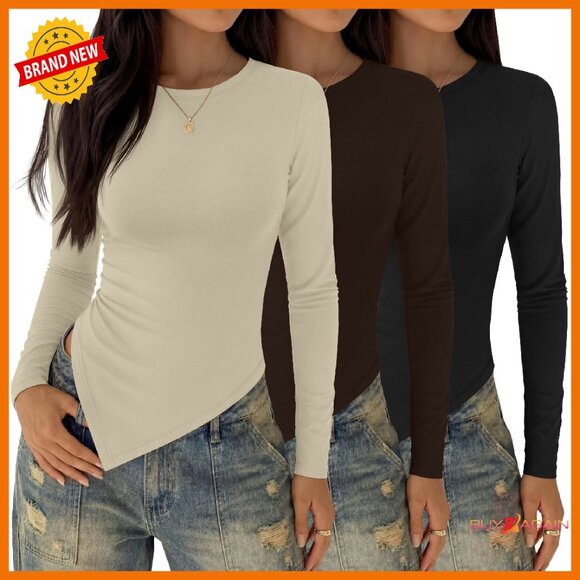 Tops - 3 Pack Long Sleeve Asymmetrical Tops Ruched Slit Fitted Tees Women
